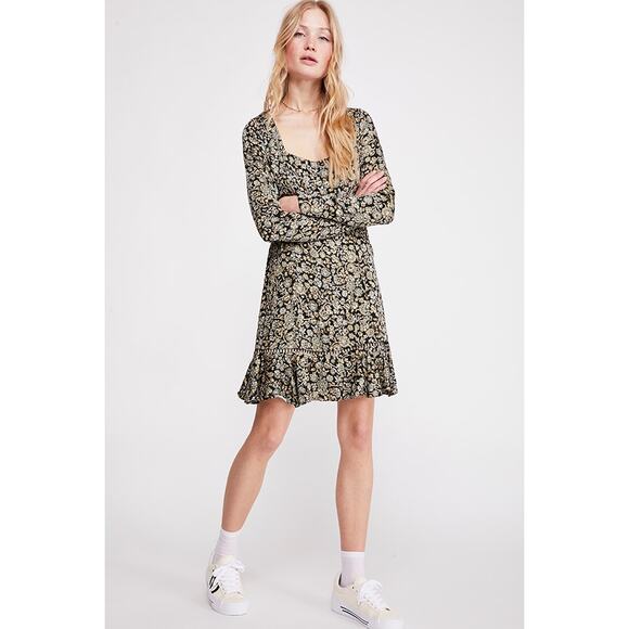 Free People Boheme Dress 4 Small Black Green Long Sleeve Floral Mini A-Line - Picture 8 of 15